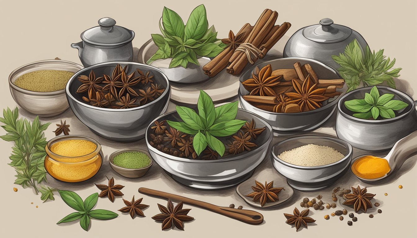 A collection of eight unique dishes featuring star anise, surrounded by various herbs, spices, and cooking utensils