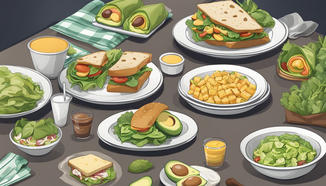 A table set with various lunch options, including salads, sandwiches, and wraps, all featuring avocado as a key ingredient