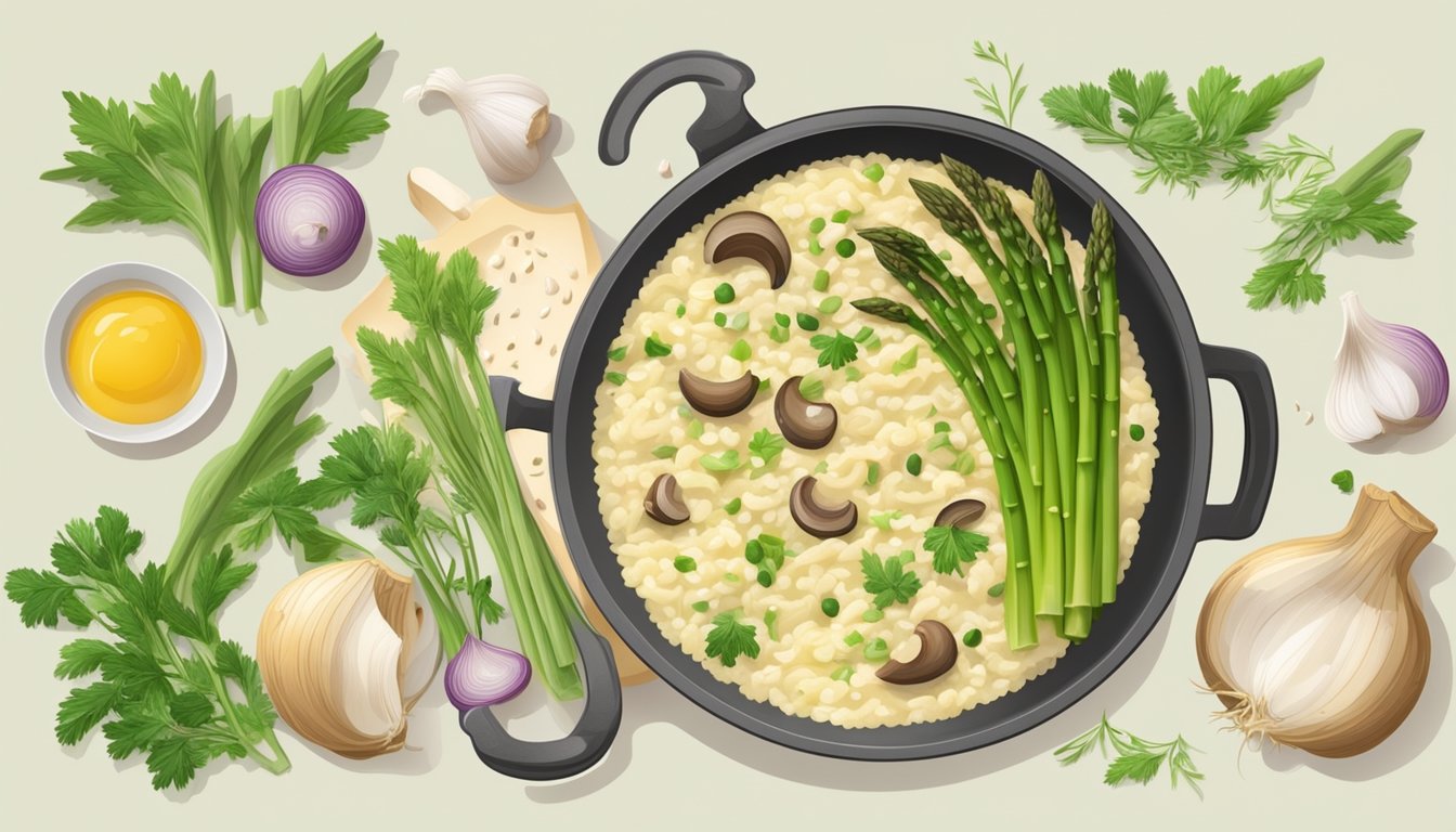 A steaming pot of creamy risotto with asparagus and mushrooms, surrounded by fresh ingredients like garlic, onions, and herbs