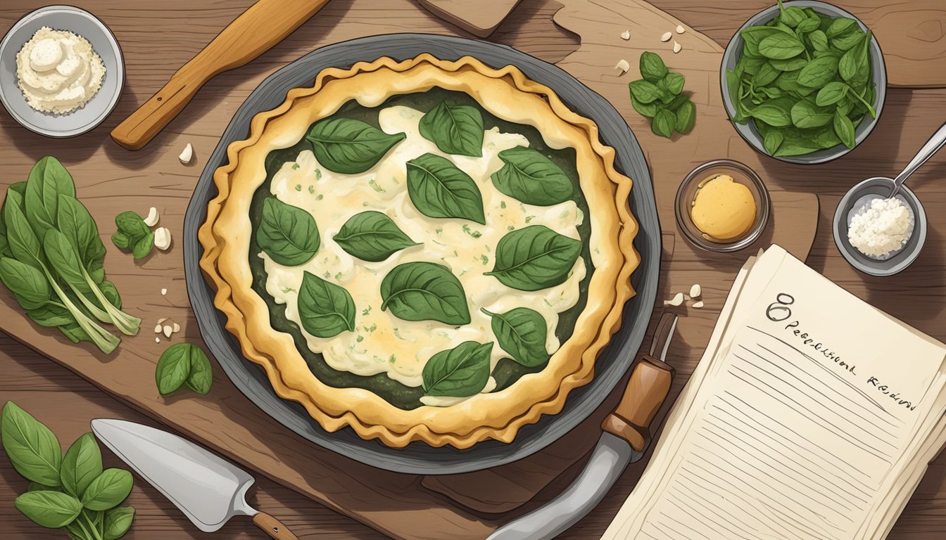 A golden-brown spinach and ricotta pie sits on a rustic wooden table, surrounded by fresh ingredients and a handwritten recipe