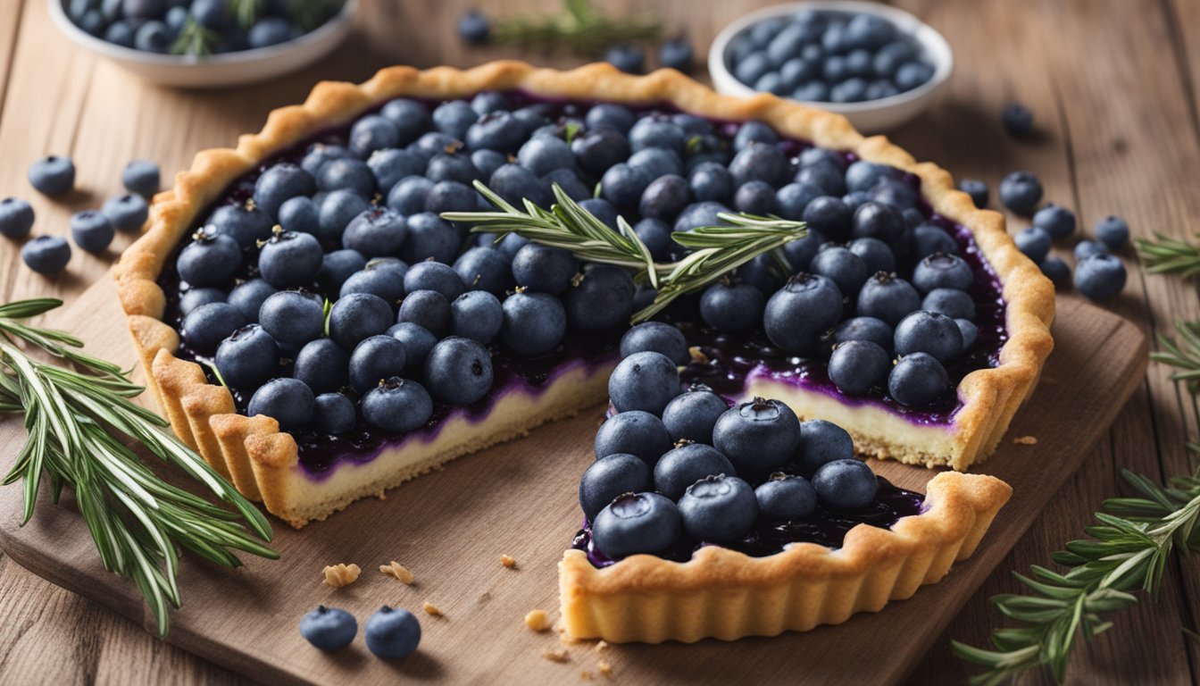 A rustic blueberry rosemary tart surrounded by fresh rosemary sprigs and scattered blueberries on a wooden table