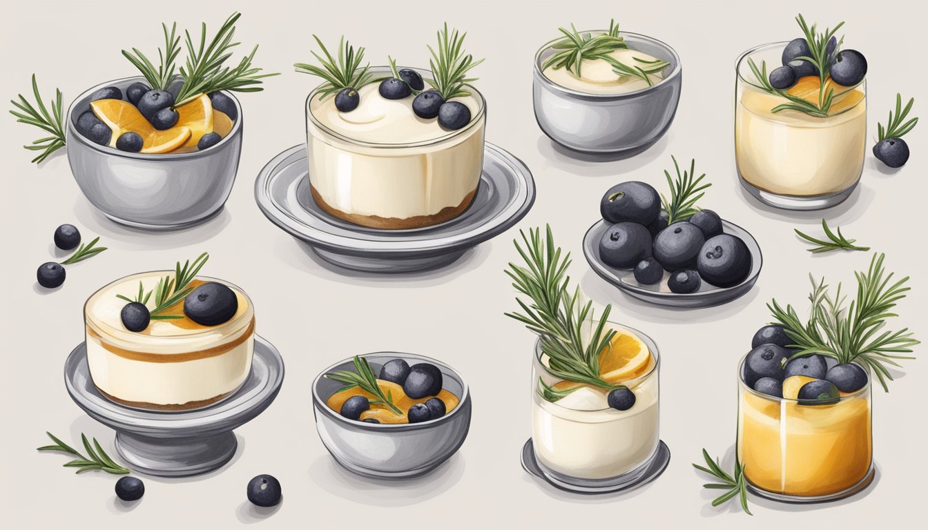 A delicate panna cotta topped with vanilla bean and sprigs of fresh rosemary, surrounded by other unique desserts made with rosemary