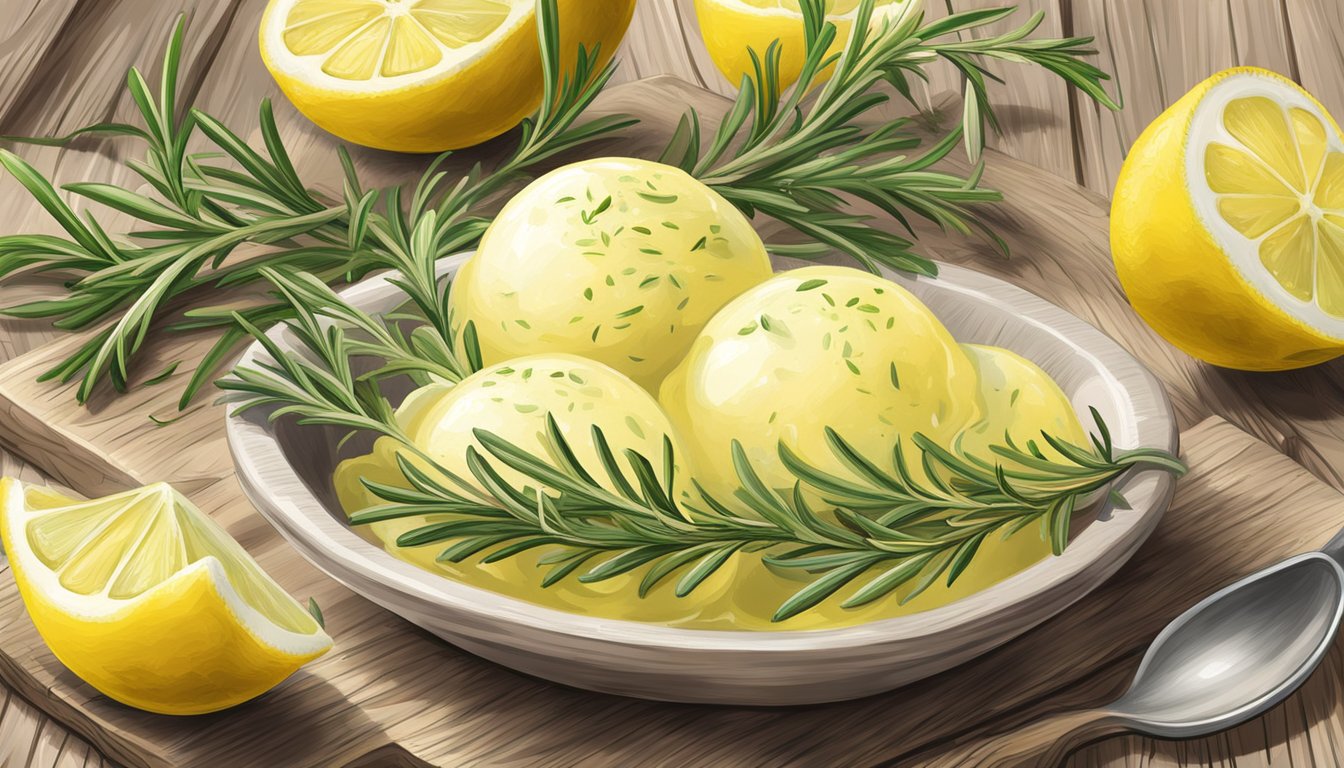 A scoop of rosemary lemon sorbet surrounded by fresh rosemary sprigs and lemon slices on a rustic wooden table