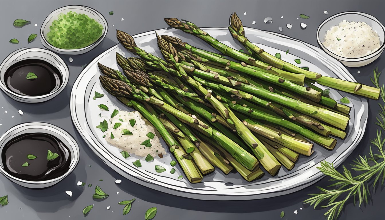 A platter of roasted asparagus drizzled with balsamic reduction, surrounded by fresh herbs and a sprinkle of sea salt