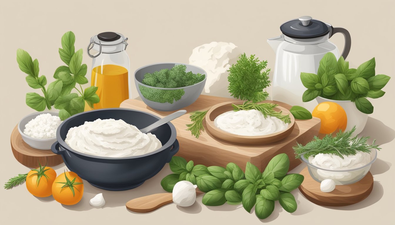 A kitchen counter with a spread of ingredients including ricotta cheese, fresh herbs, and various cooking utensils