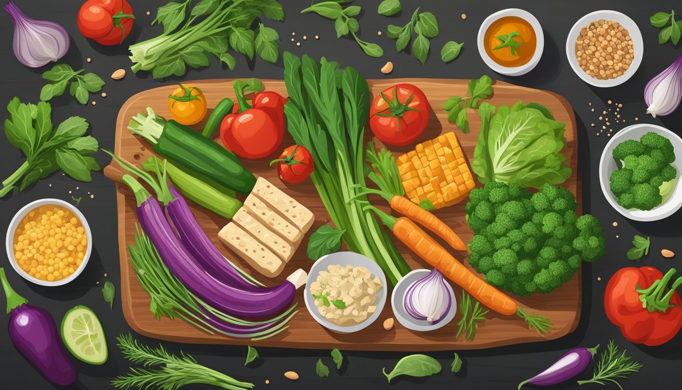 A colorful array of fresh vegetables and tempeh sizzling in a hot pan, surrounded by various herbs and spices on a wooden cutting board