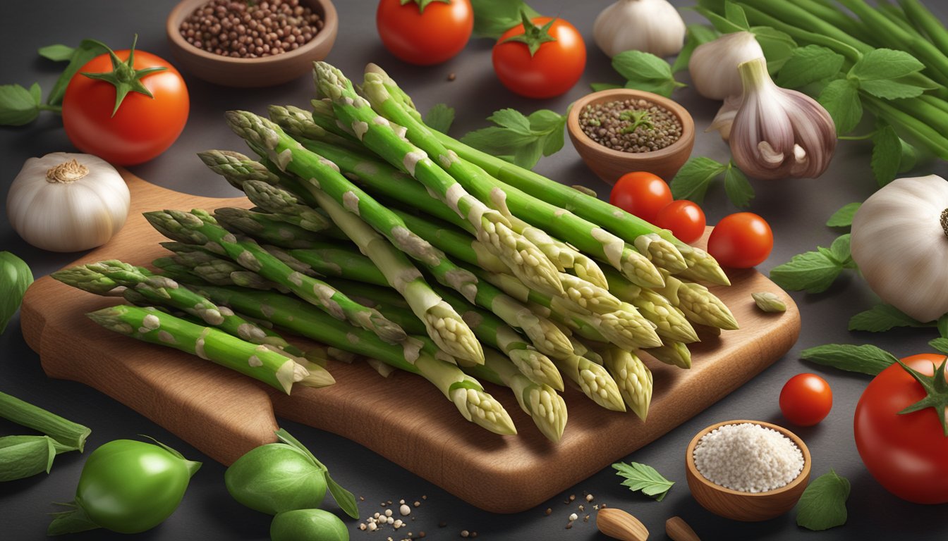 Fresh asparagus spears arranged on a wooden cutting board, surrounded by vibrant cherry tomatoes, fragrant garlic cloves, and a variety of fresh herbs and spices