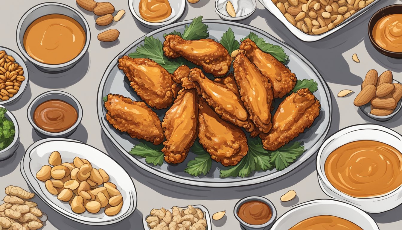 A plate of spicy peanut butter chicken wings surrounded by various peanut butter-based dishes