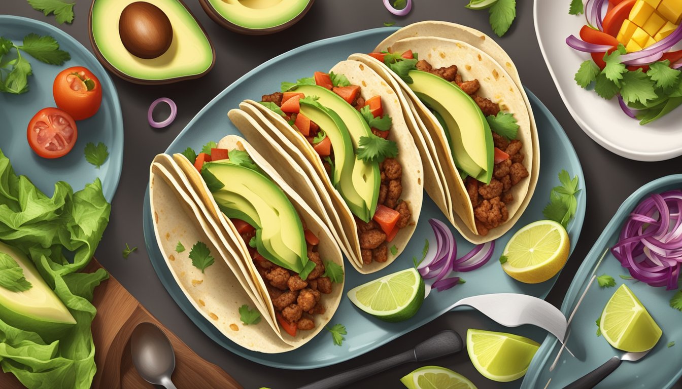 A colorful plate of turkey tacos topped with avocado slices, surrounded by fresh ingredients and kitchen utensils