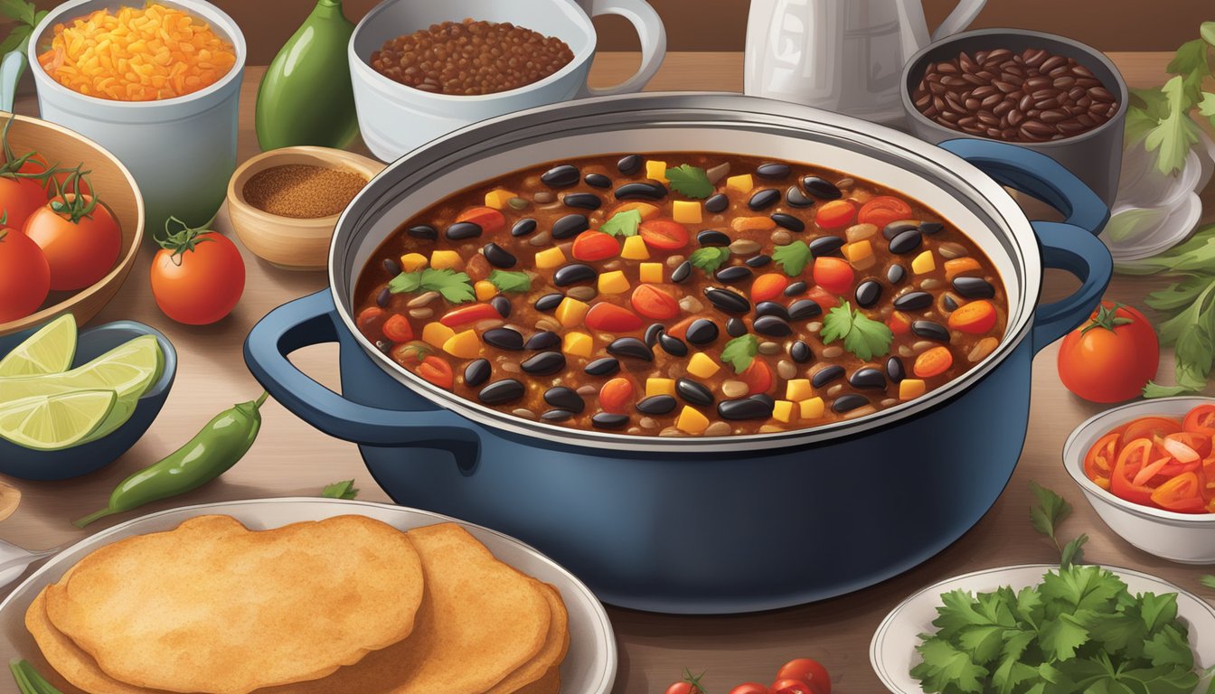 A simmering pot of turkey and black bean chili on a stovetop, surrounded by colorful ingredients like tomatoes, onions, and spices