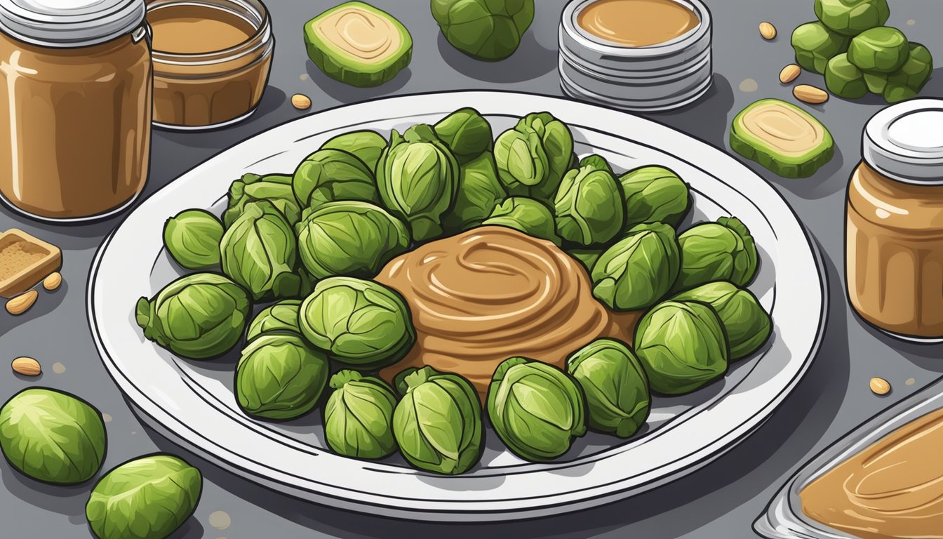 A plate of Brussels sprouts coated in a glossy peanut butter glaze, surrounded by jars of various savory peanut butter applications