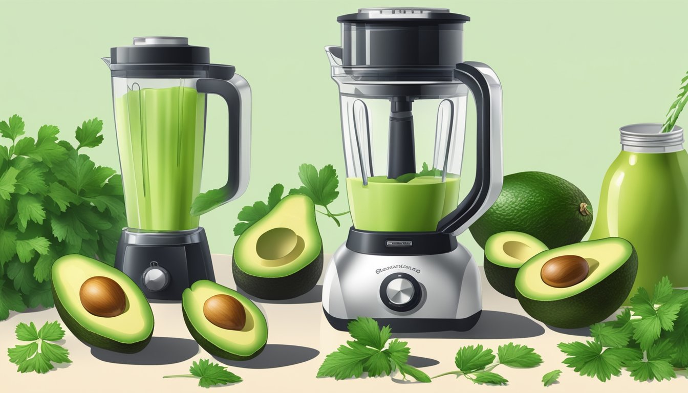 A ripe avocado surrounded by fresh cilantro leaves, with a blender and ingredients in the background