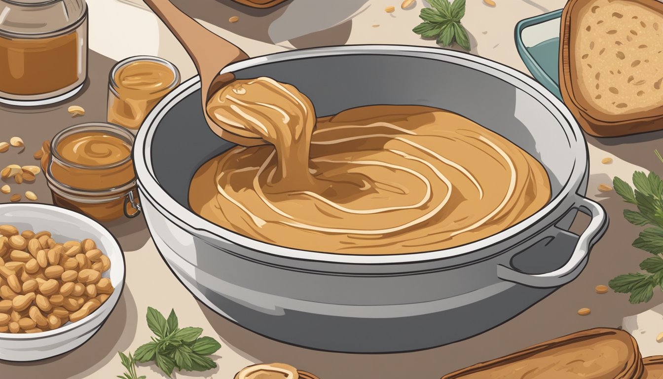 A chef spreads peanut butter on a slice of bread, while a pot of savory peanut sauce simmers on the stove. A jar of peanut butter, surrounded by various herbs and spices, sits on the counter