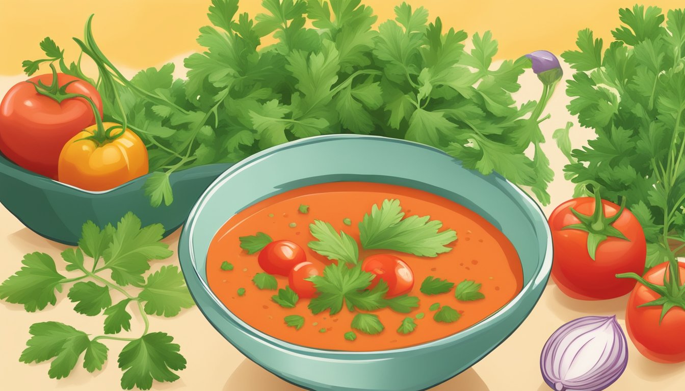 A vibrant bowl of chilled cilantro gazpacho surrounded by fresh cilantro leaves, tomatoes, and peppers