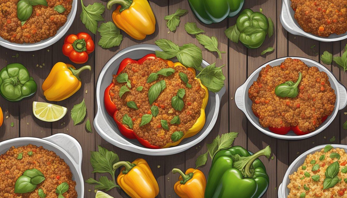 A colorful array of stuffed peppers filled with a mixture of ground turkey and quinoa, arranged on a rustic wooden table