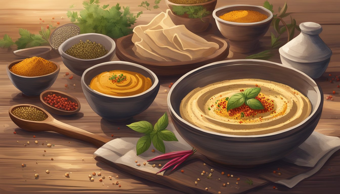 A bowl of hummus sprinkled with sumac sits on a rustic wooden table, surrounded by vibrant spices and herbs. A warm, inviting light bathes the scene