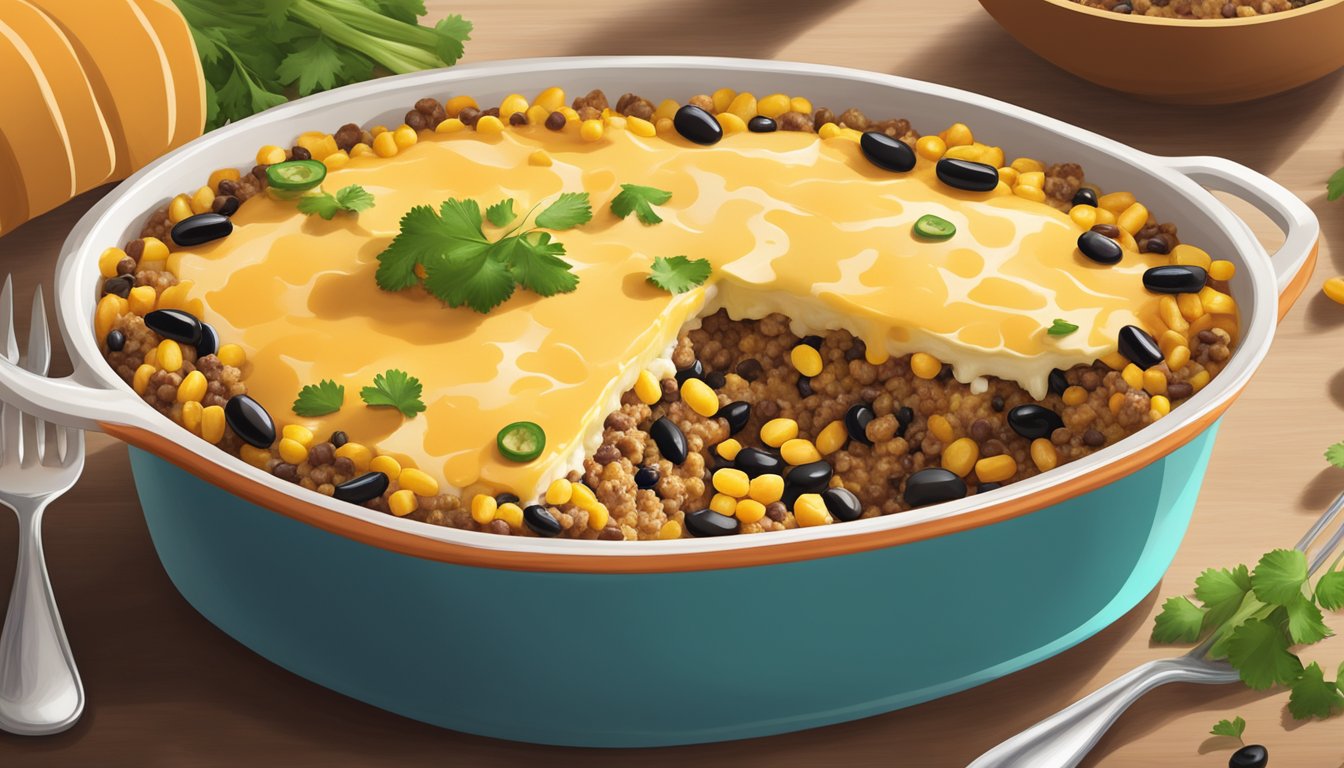 A colorful casserole dish filled with layers of seasoned ground turkey, corn, black beans, and melted cheese, topped with a sprinkle of cilantro and a dollop of sour cream