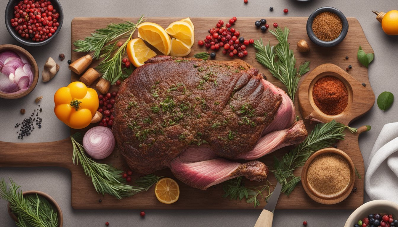 A lamb leg covered in sumac-spice rub, surrounded by sumac berries and other exotic ingredients on a wooden cutting board