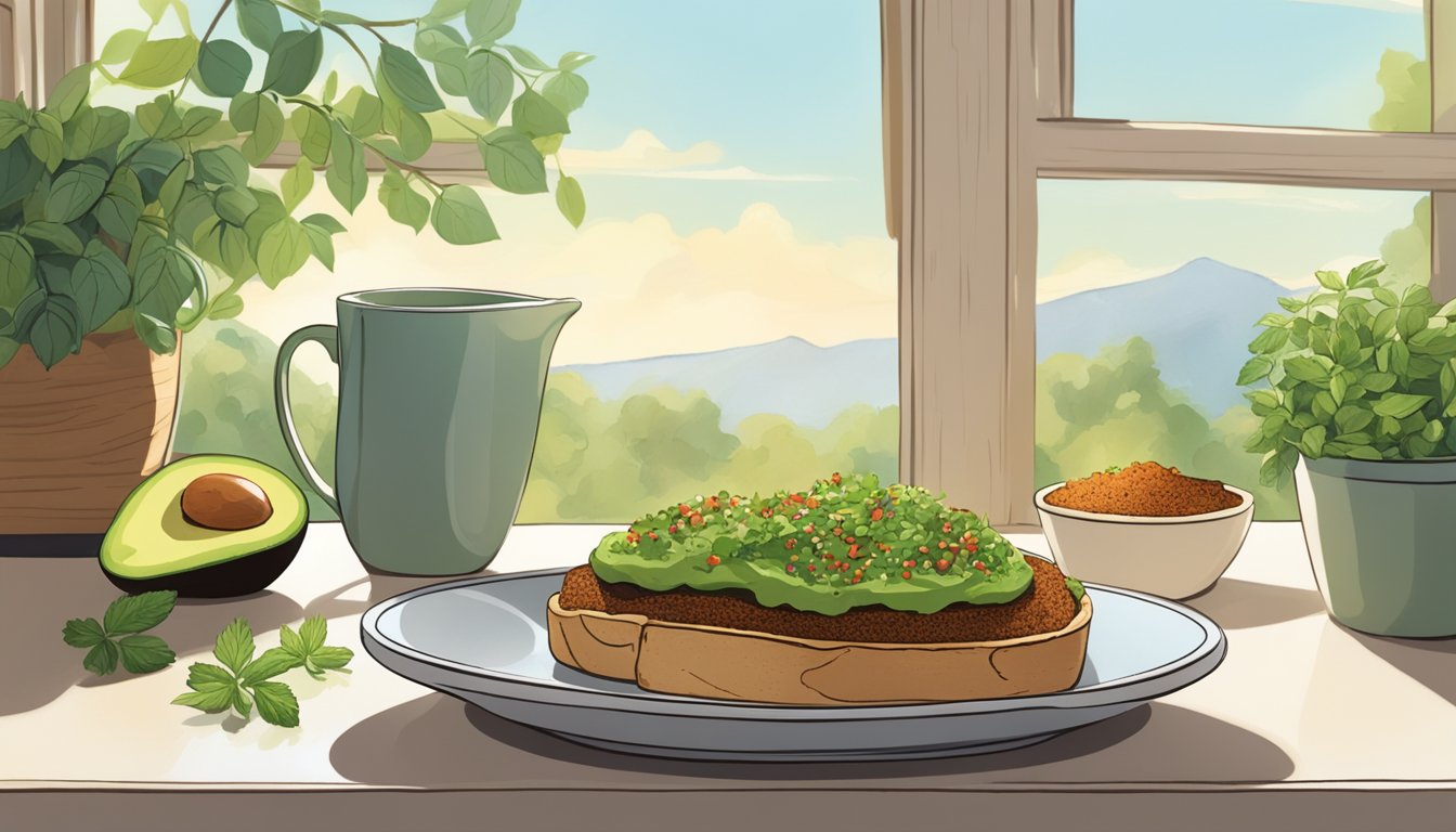 A rustic wooden table with a plate of sumac-dusted avocado toast, garnished with fresh herbs and a sprinkle of sumac, set against a backdrop of a sunny kitchen window