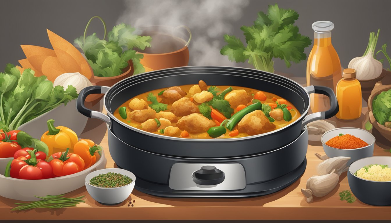 A simmering pot of turkey and vegetable curry on a stovetop, surrounded by various spices, herbs, and fresh vegetables