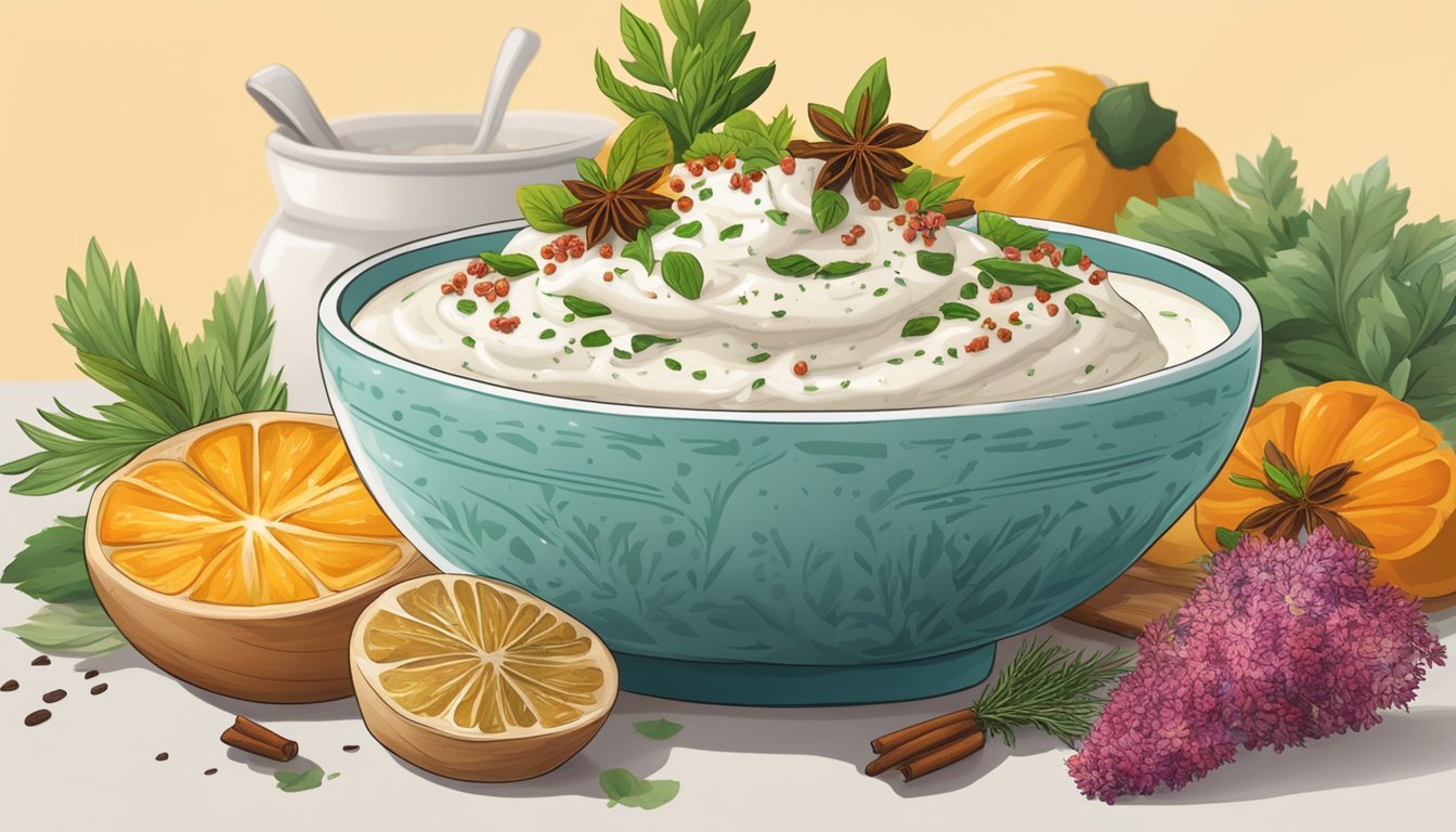 A bowl of creamy yogurt sauce with sumac sprinkled on top, surrounded by vibrant ingredients like herbs and spices