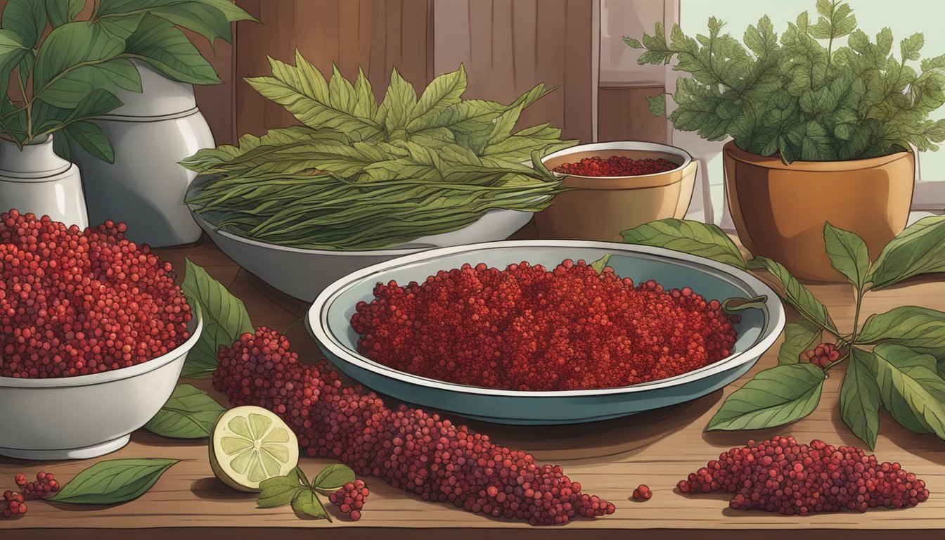 A vibrant array of sumac berries, leaves, and dishes arranged on a wooden table, surrounded by botanical illustrations and recipe books