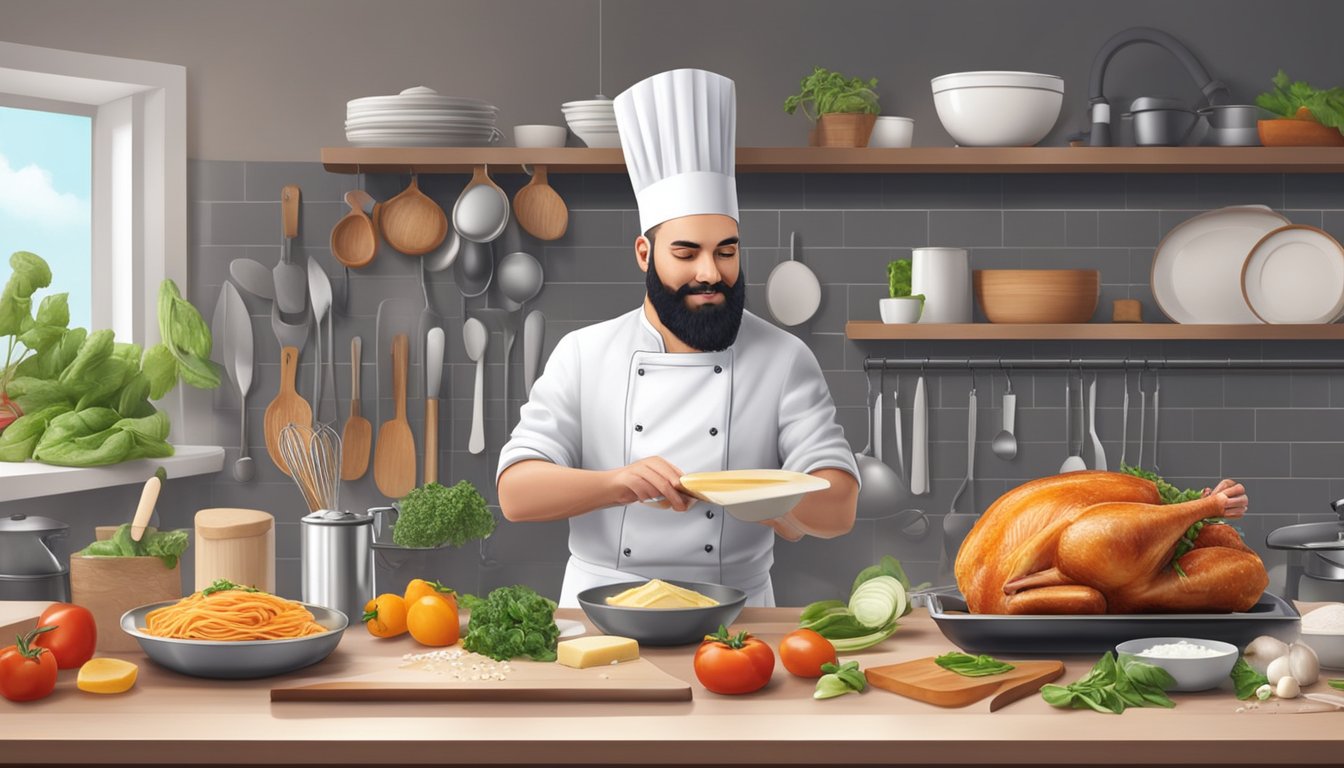 A chef prepares turkey parmesan in a modern kitchen, surrounded by fresh ingredients and cooking utensils