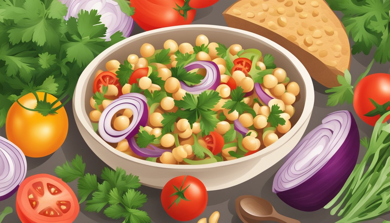 A vibrant bowl of chickpea salad with fresh cilantro, tomatoes, and onions, surrounded by colorful ingredients and a sprinkle of herbs