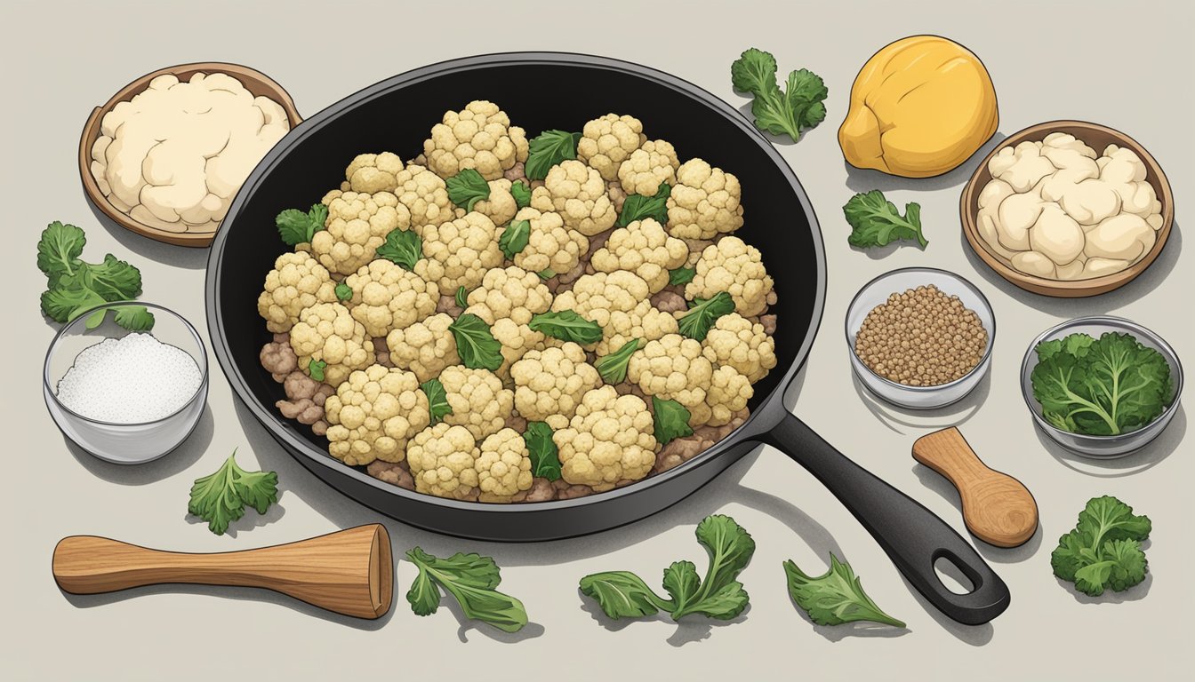 A skillet filled with cauliflower and ground turkey cooking on a stovetop. Ingredients and utensils scattered around