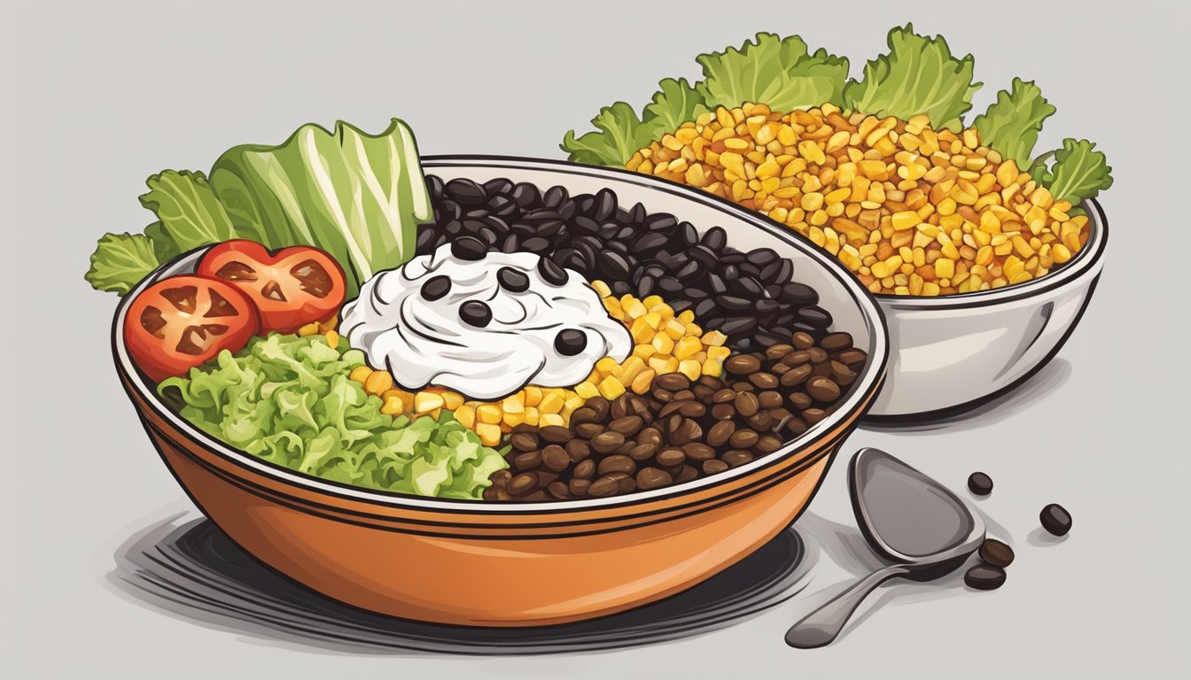 A colorful bowl filled with lettuce, tomatoes, corn, black beans, and seasoned ground turkey, topped with shredded cheese and a dollop of sour cream