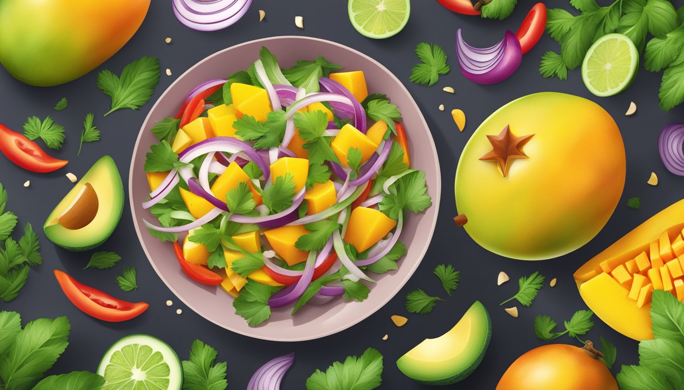 A vibrant mango salad with cilantro leaves scattered on top, surrounded by colorful ingredients like red onion, bell peppers, and avocado