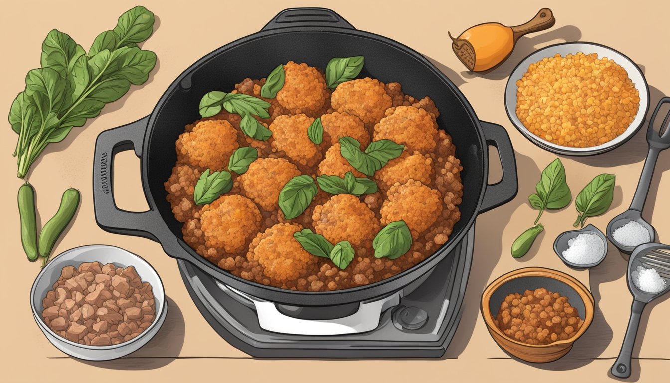 A skillet filled with ground turkey and sweet potatoes cooking on a stovetop, surrounded by various cooking utensils and ingredients