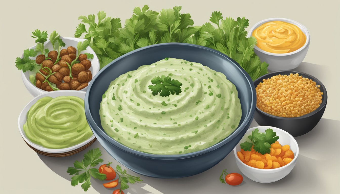 A bowl of cilantro sour cream dip surrounded by a variety of flavorful dishes, showcasing the vibrant green herb as a central ingredient