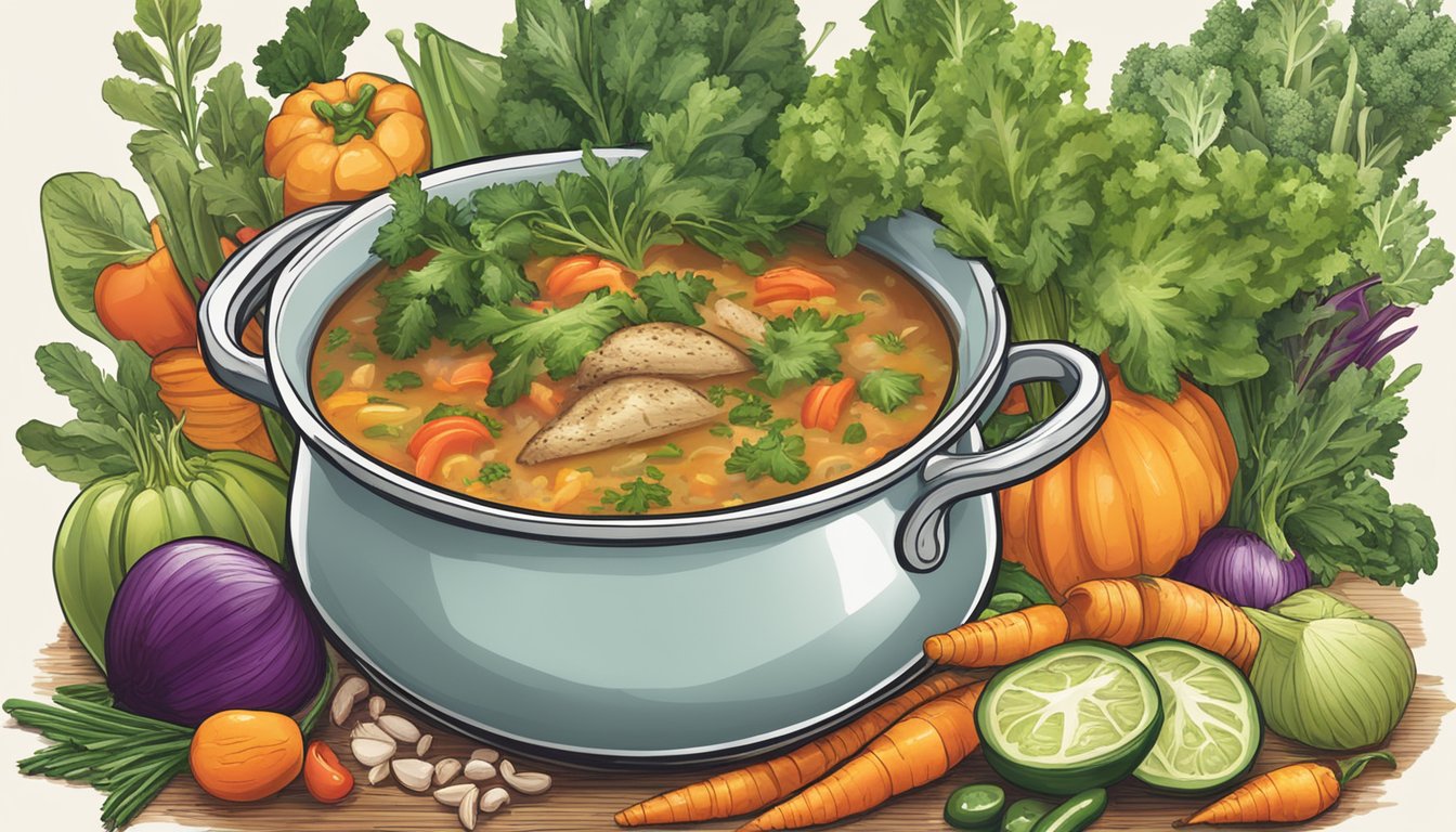 A steaming pot of southwest turkey soup surrounded by fresh vegetables and herbs