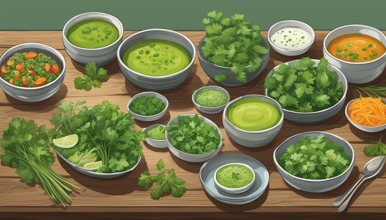 A colorful spread of cilantro-infused dishes, from salads to soups, arranged on a rustic wooden table. The vibrant green herb is prominently featured in each dish, adding a fresh and flavorful touch