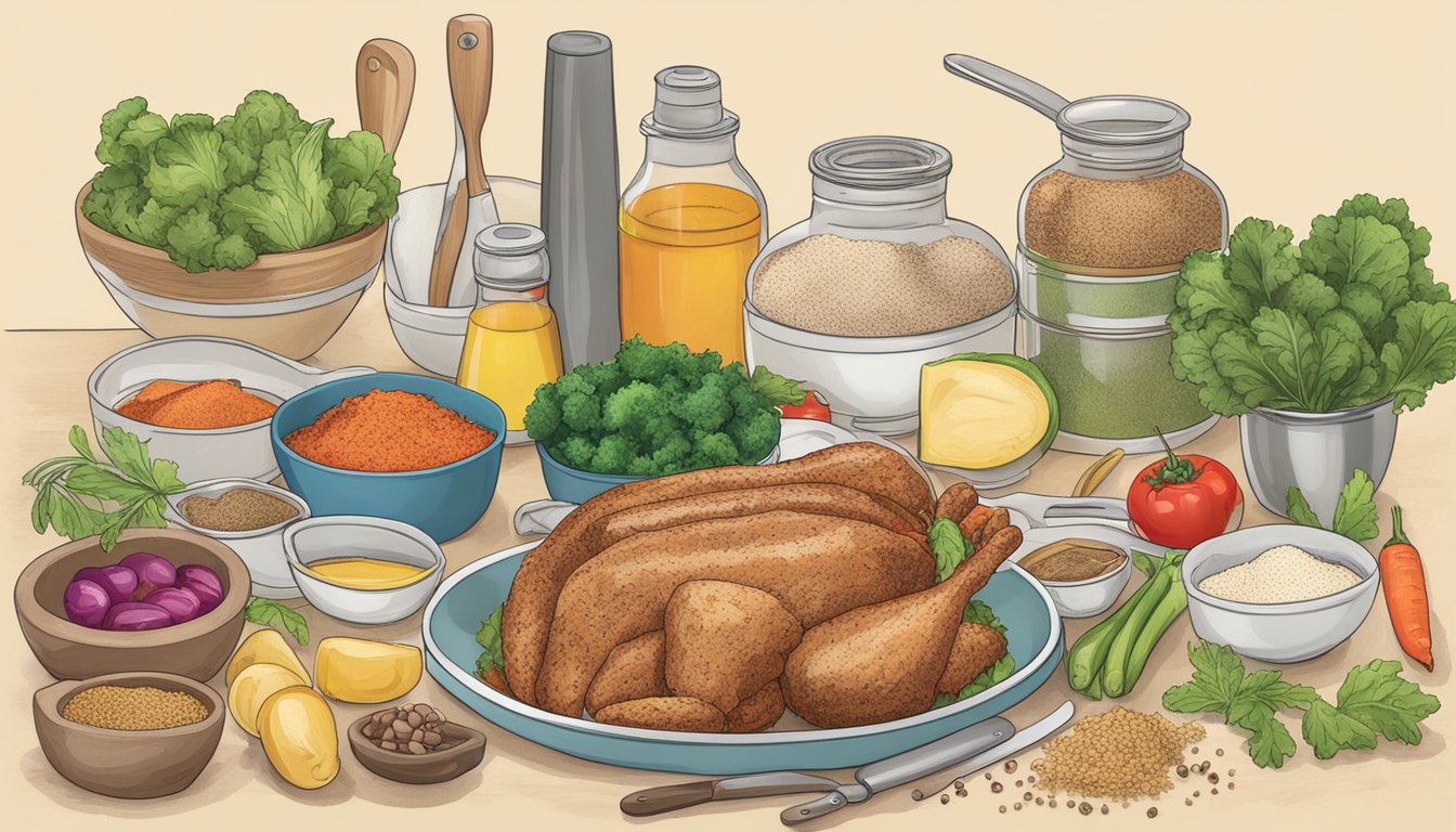 A kitchen counter with various ingredients and utensils, including ground turkey, vegetables, spices, and cooking utensils. A recipe book open to a page titled "Cooking Tips for Ground Turkey."