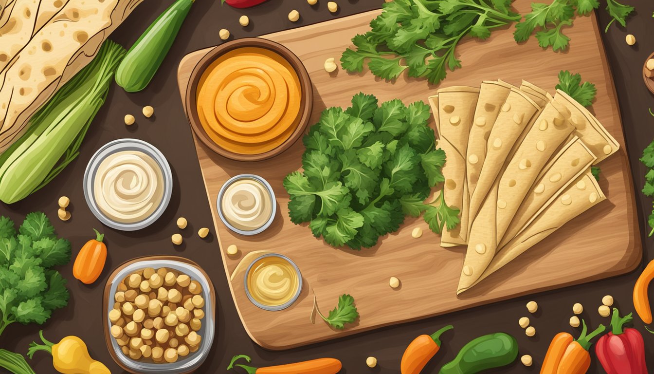 A colorful array of fresh vegetables, chickpeas, and hummus arranged on a wooden cutting board, with a soft tortilla ready to be filled and rolled into a delicious wrap