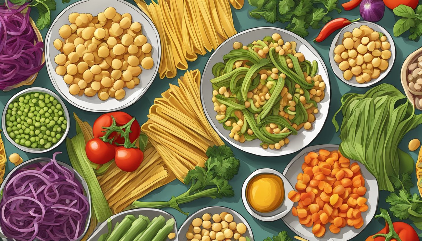 A colorful array of fresh vegetables and chickpea pasta arranged in a vibrant, appetizing display