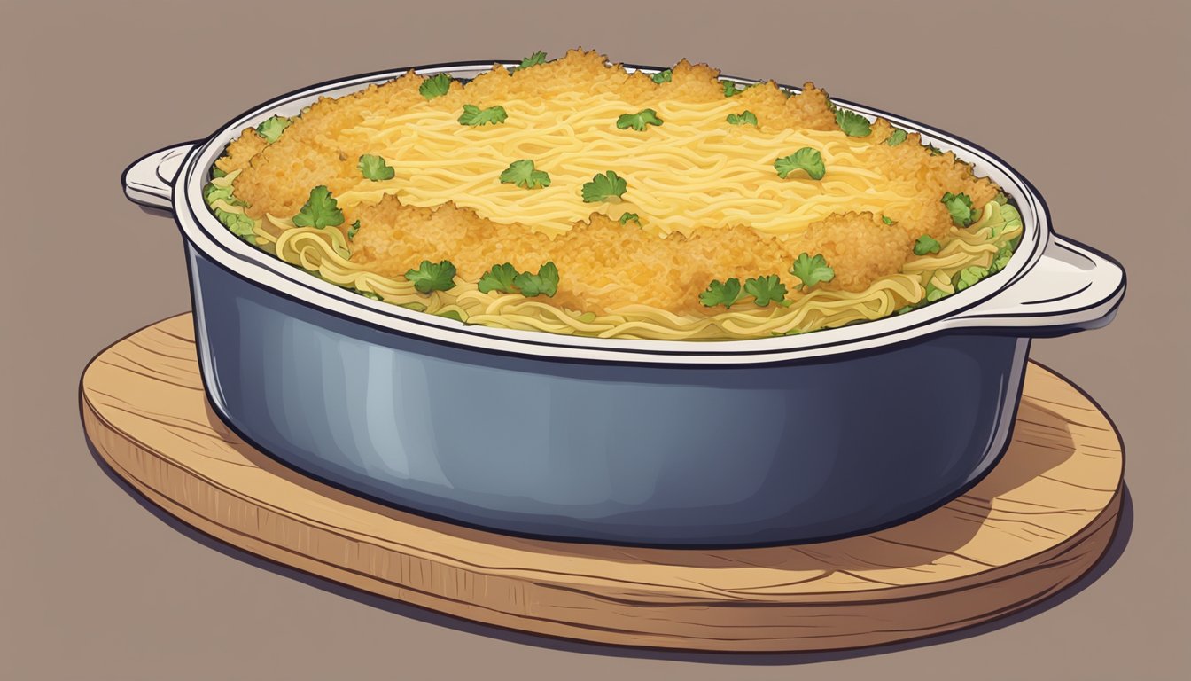 A steaming casserole dish filled with layers of cabbage, noodles, and savory sauce, topped with a golden, bubbling cheese crust