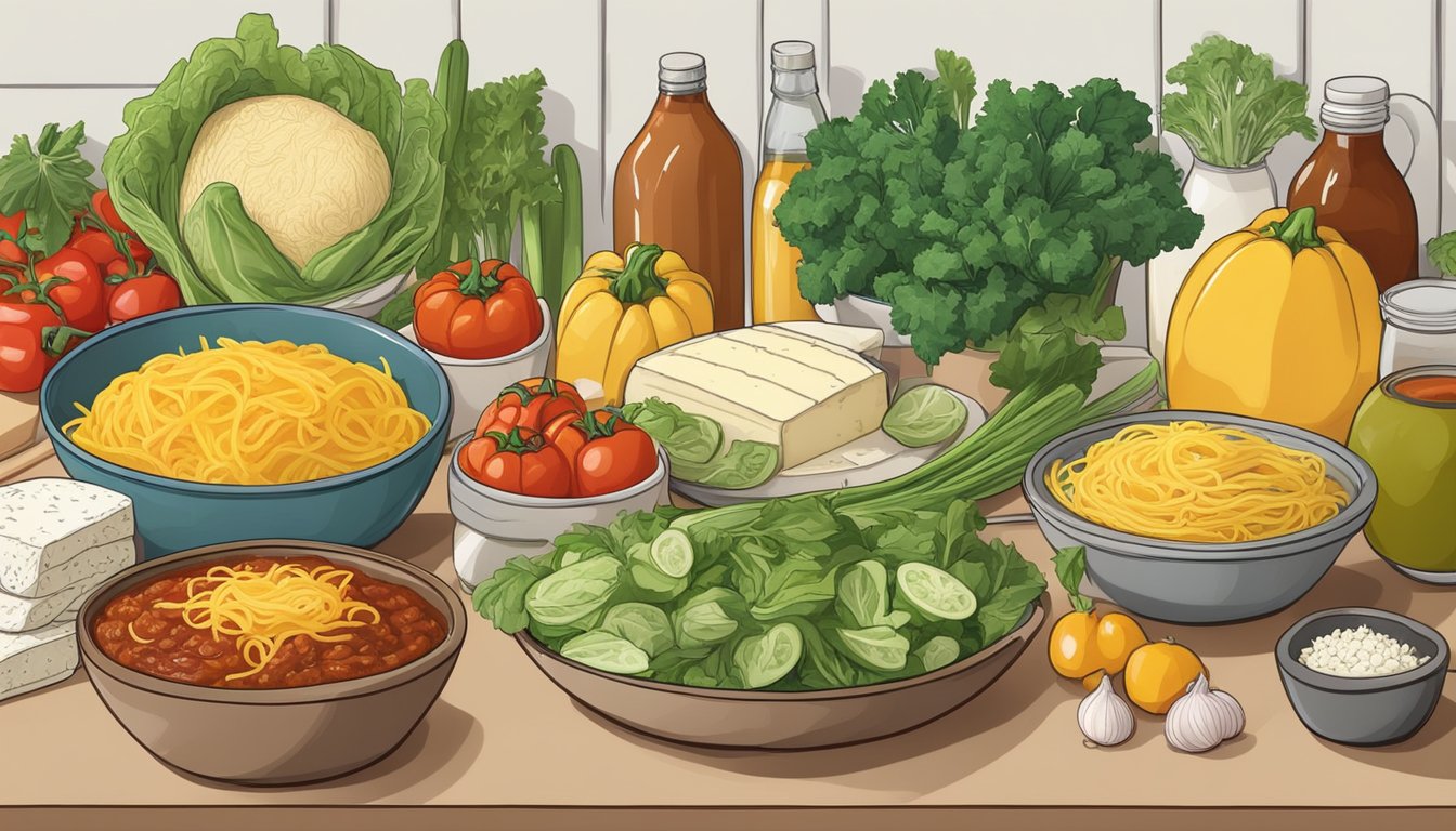 A colorful array of ingredients - spaghetti squash, enchilada sauce, cheese, and various vegetables - laid out on a kitchen counter