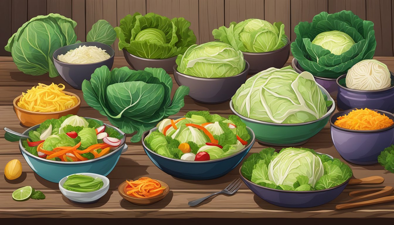 A colorful array of cabbage dishes, from salads to stir-fries, arranged on a rustic wooden table