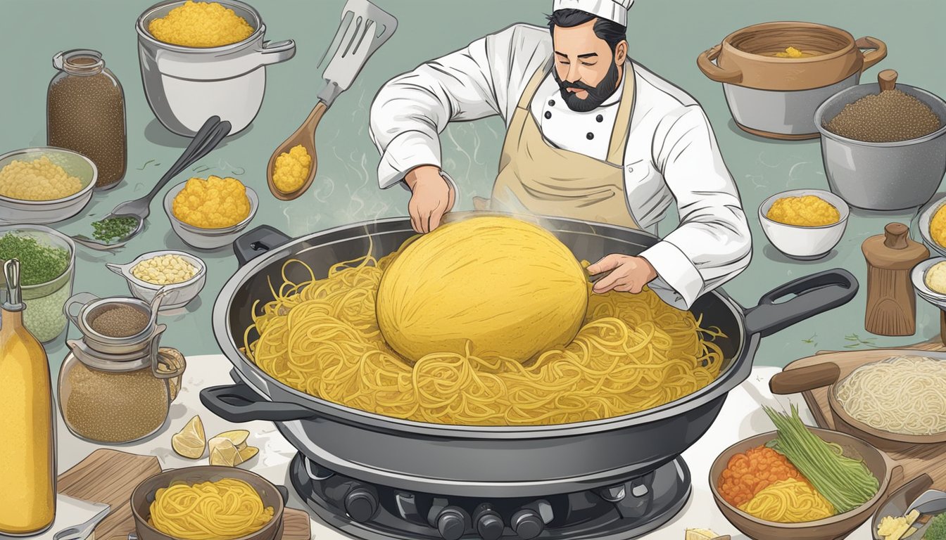 A chef roasting, boiling, and shredding spaghetti squash, surrounded by various ingredients and utensils for 15 unique recipes