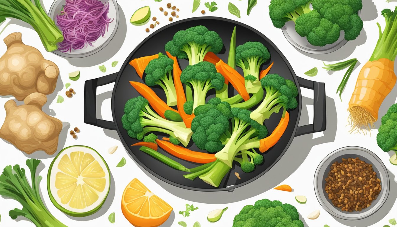 A sizzling wok filled with vibrant green broccoli florets and thin slices of ginger, surrounded by colorful vegetables and aromatic spices