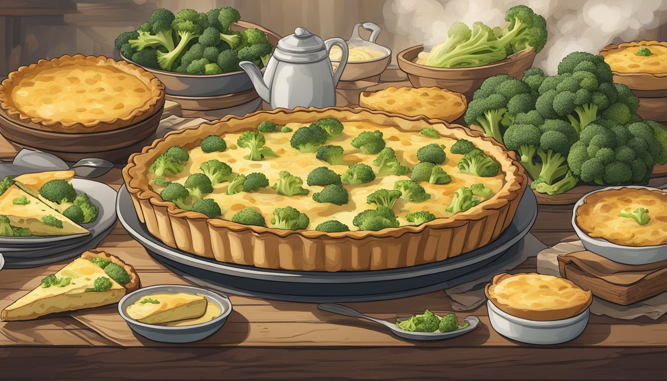 A golden-brown quiche sits on a rustic table, steam rising from the creamy broccoli filling. Surrounding it are various other delicious dishes featuring broccoli