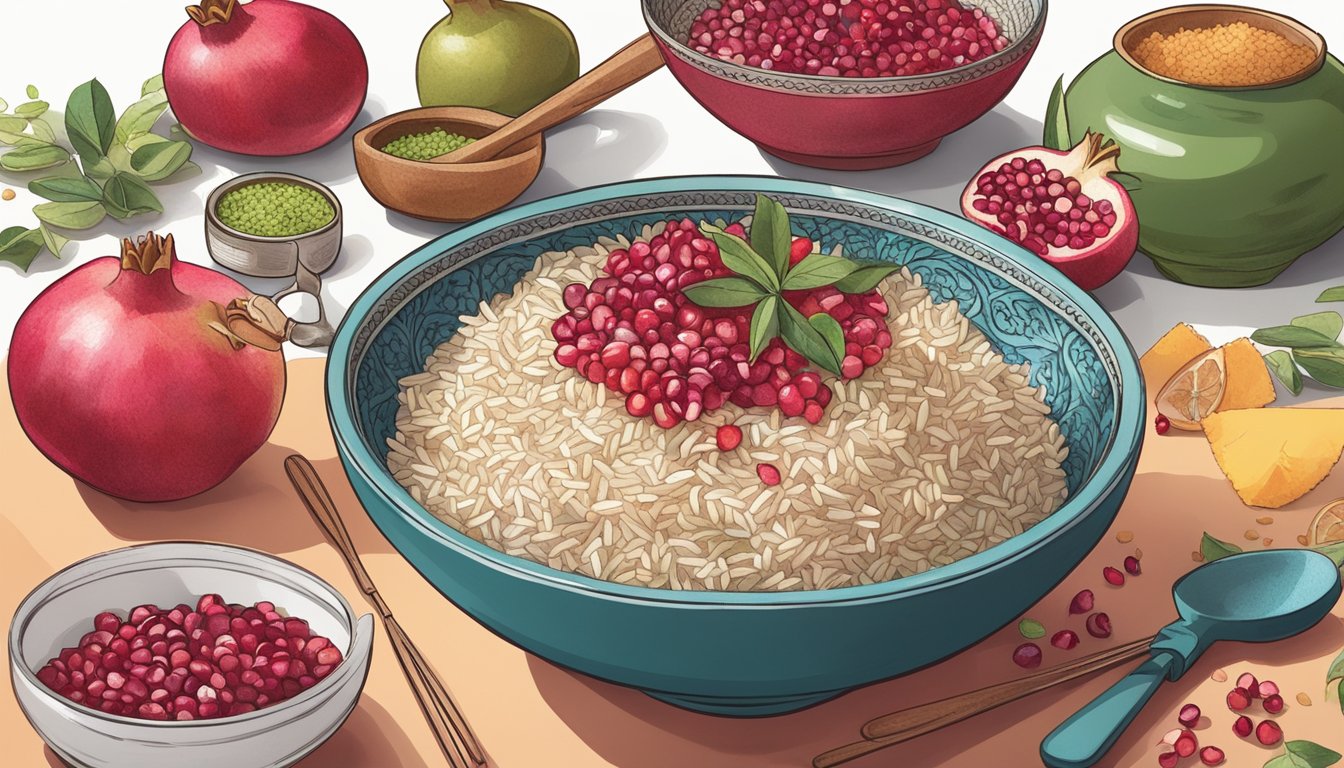 A bowl of vibrant pomegranate-infused rice surrounded by various ingredients and cooking utensils, with a cookbook open to a page titled "10 Unexpected Ways to Cook with Pomegranate."