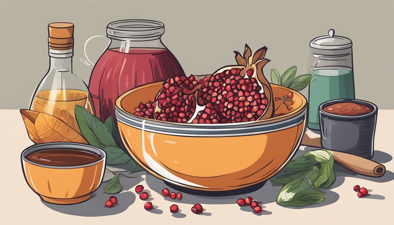 A pomegranate being squeezed into a bowl of BBQ marinade, surrounded by various cooking ingredients and utensils on a kitchen counter