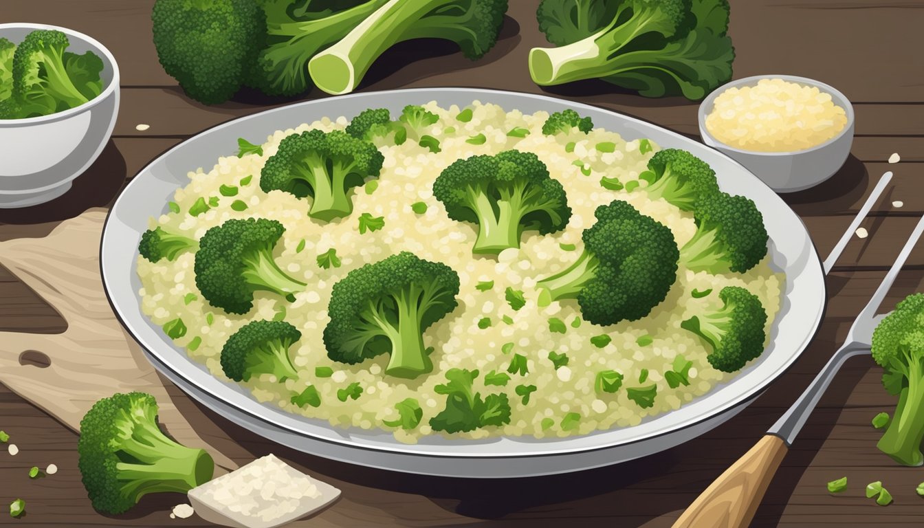 A steaming pot of creamy broccoli risotto, garnished with freshly grated parmesan and black pepper, sits on a rustic wooden table