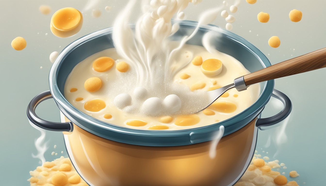 A pot of bubbling aquafaba being whisked with vegan cheese and various ingredients, with steam rising and a rich, creamy texture forming