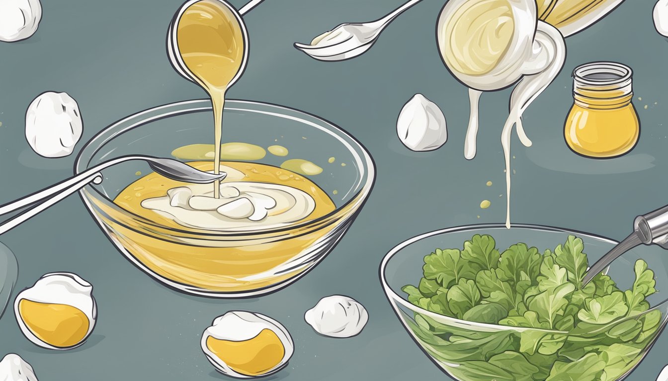 A bowl of homemade salad dressing being whisked together with aquafaba as an emulsifier