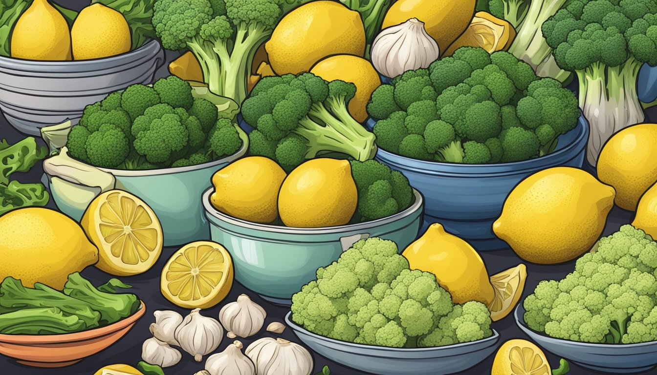 A vibrant pile of lemon garlic broccoli surrounded by colorful, appetizing dishes